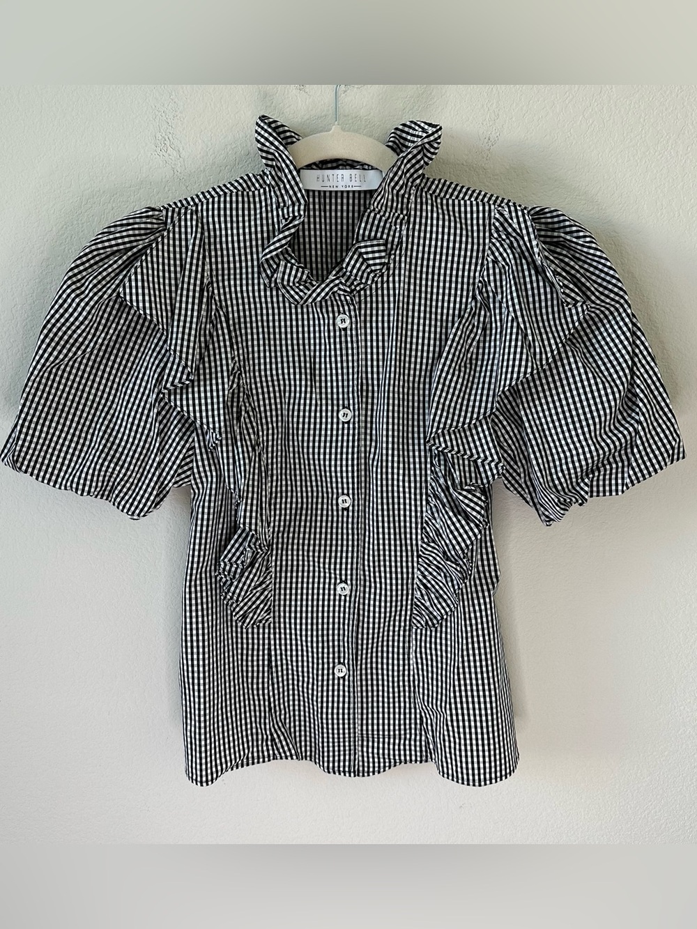 HUNTER BELL Black and White Gingham Ruffle Button Front Top